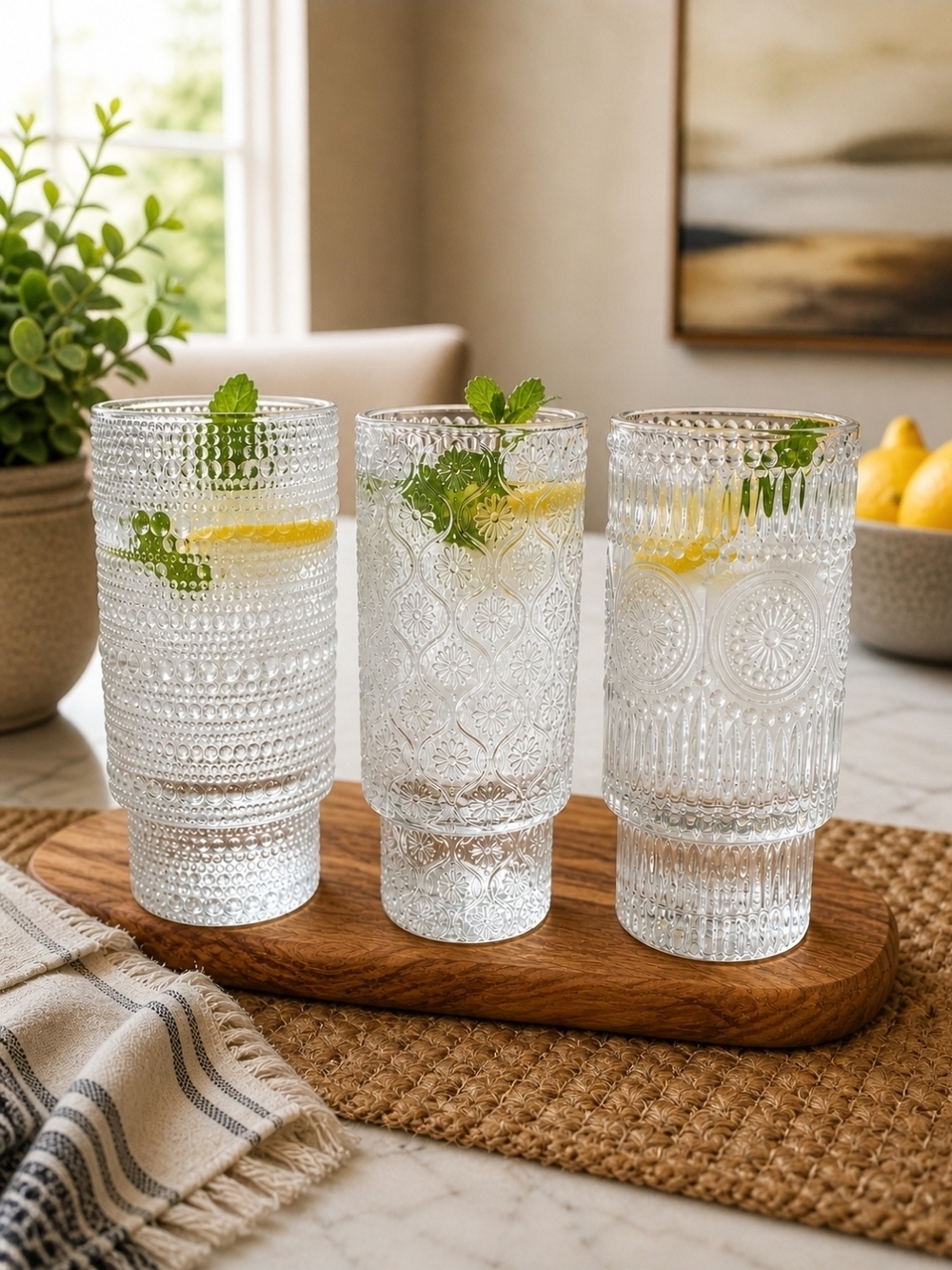 Set of 3 Embossed Clear Glass Tumblers Vintage Style Drinkware